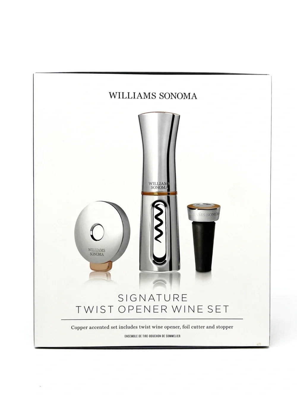Williams Sonoma Twist Opener Wine Set Chrome & Copper Corkscrew Cutter Stopper